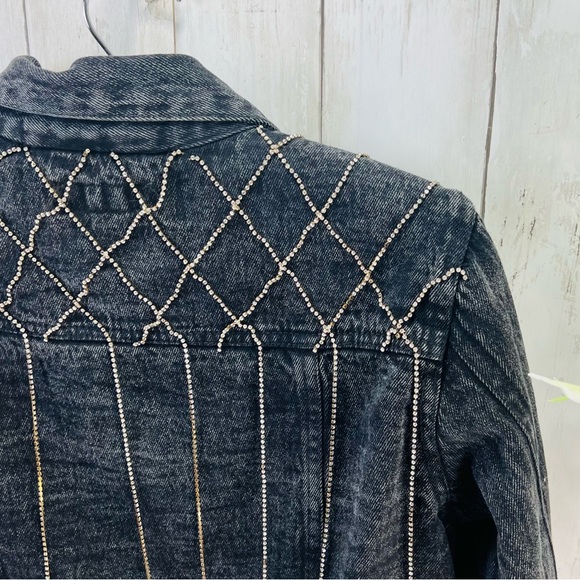 Thrill Jeans Y2K Women's Dark Gray Rhinestone Tassels Cropped Denim Jacket Large - Picture 12 of 15